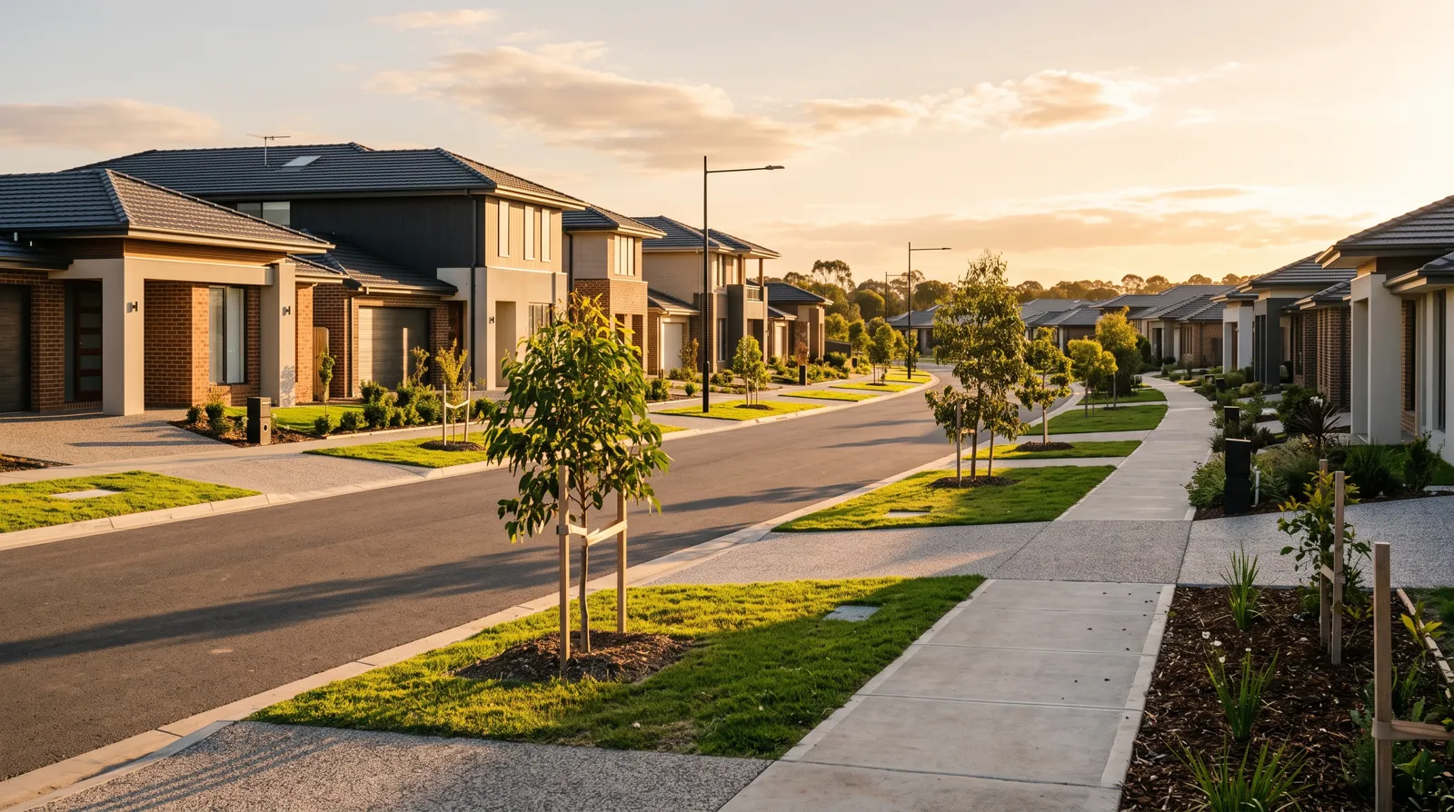 Artist's impression of a tree-lined street in the neighbouring Mambourin community at golden hour